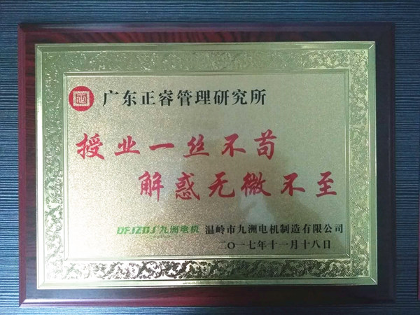 溫嶺市九洲電機(jī)制造有限公司贈(zèng)與廣州正睿授業(yè)一絲不茍與，解惑無微不至牌匾